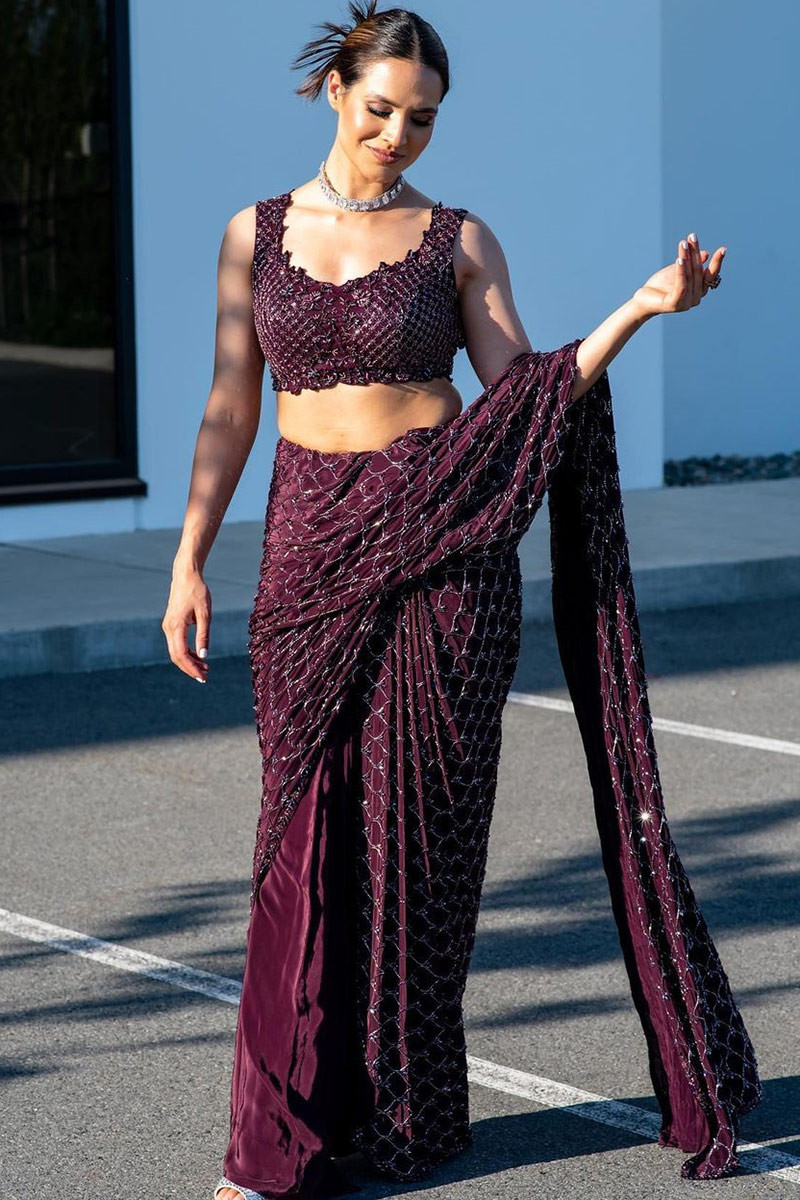 Wine Maroon Kasturi Silk Cutdana Embellished Fancy Saree