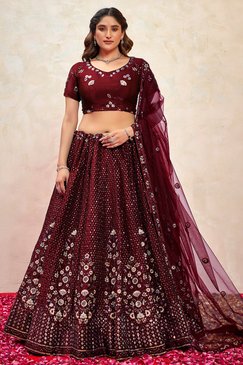 Wine Maroon Maroon Silk Blend Lehenga With Sequins Work For Weddings