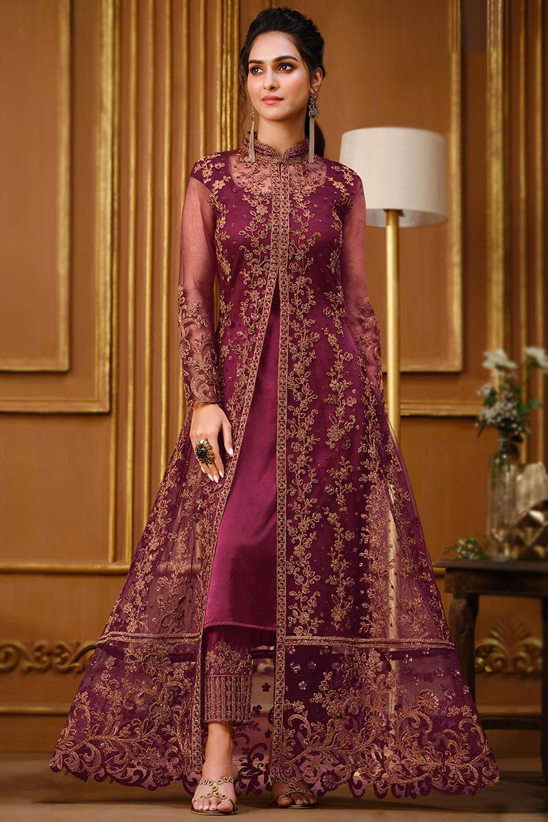 Embroidered Net Pakistani Suit in Maroon