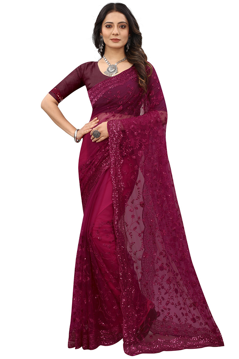 Wine Maroon Net Embroidered Saree