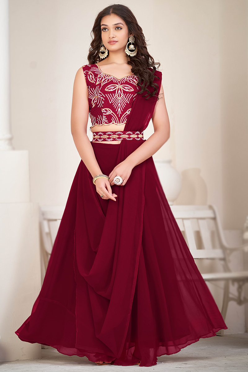 Wine Maroon Plain Georgette A Line Style Lehenga For Sangeet 