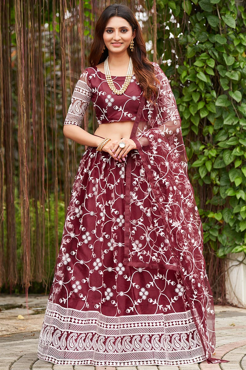 Wine Maroon Resham Embroidered Net Flared Style Lehenga 
