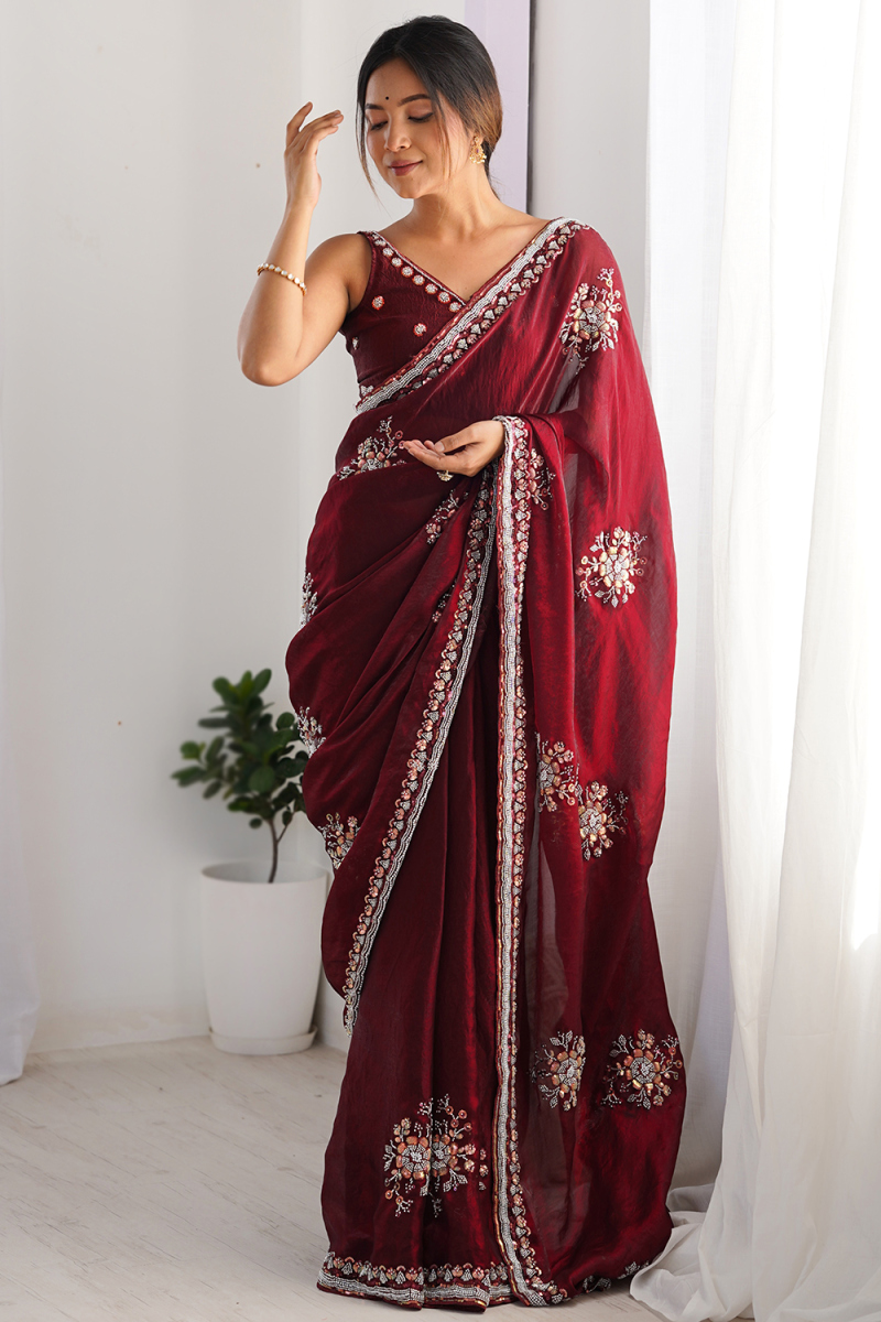 Wine Maroon Satin Saree With Bead Work 