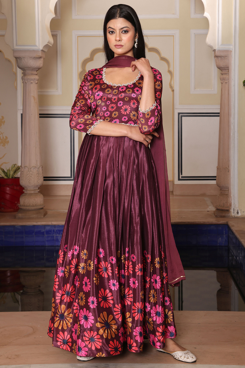 Wine Maroon Satin Silk Printed Anarkali Suit 