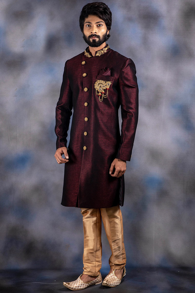 Wine Maroon Silk Angrakha Men's Sherwani