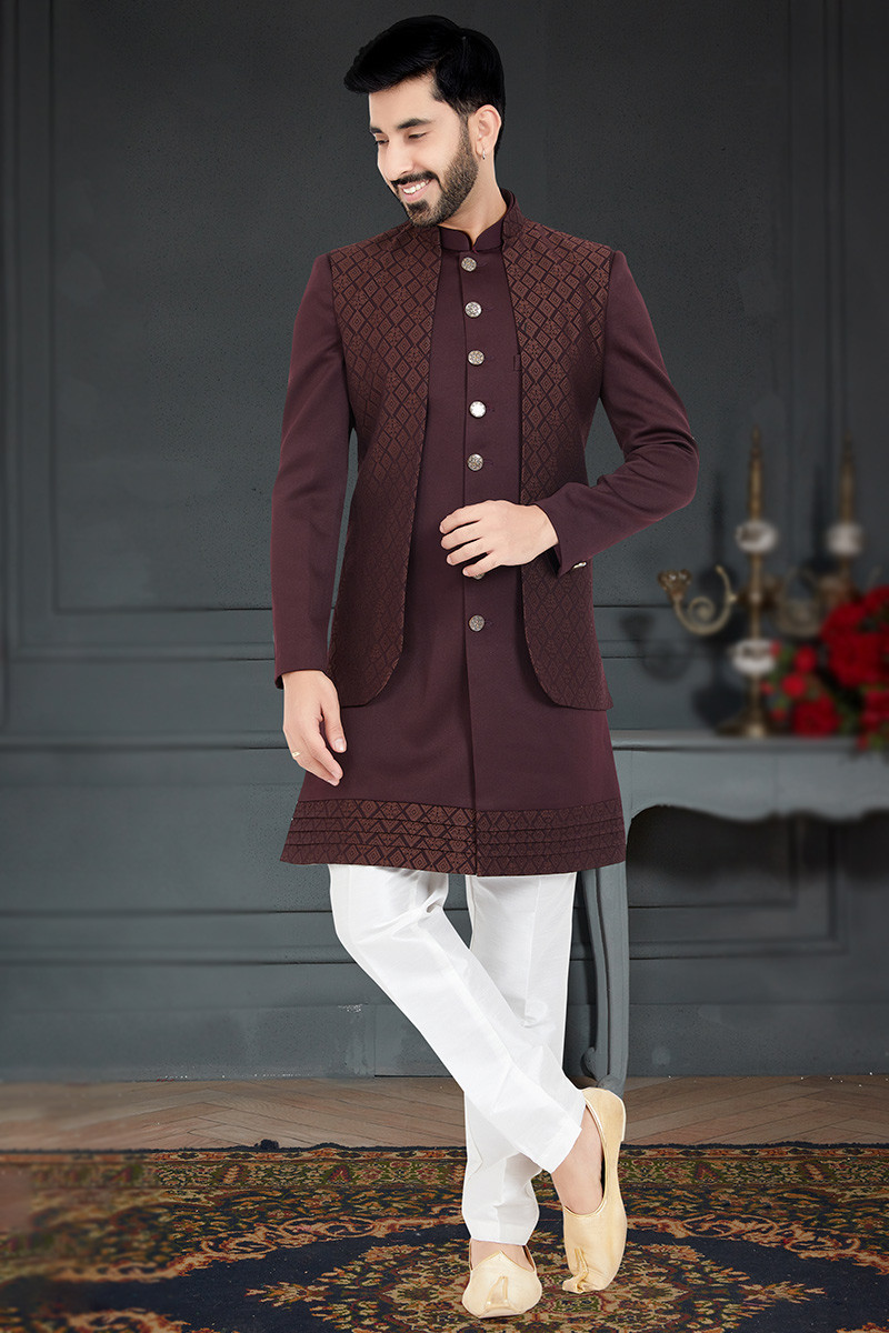 Wine colour sherwani for groom cheap