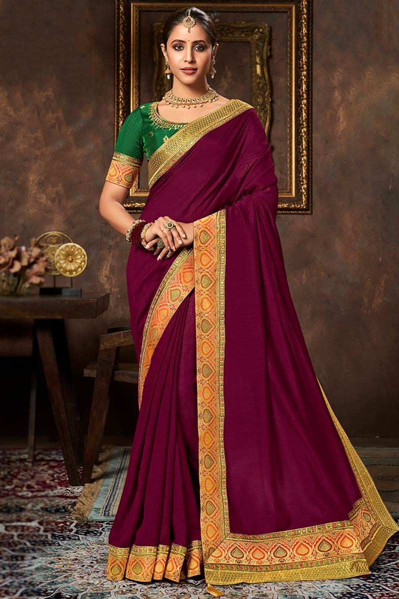 Women Wine Embroidered Georgette Saree with Net Blouse Piece – Inddus.com