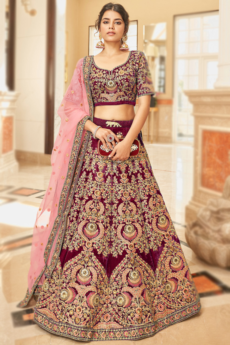 Wine Maroon Velvet Embroidered Panelled Style Lehenga 