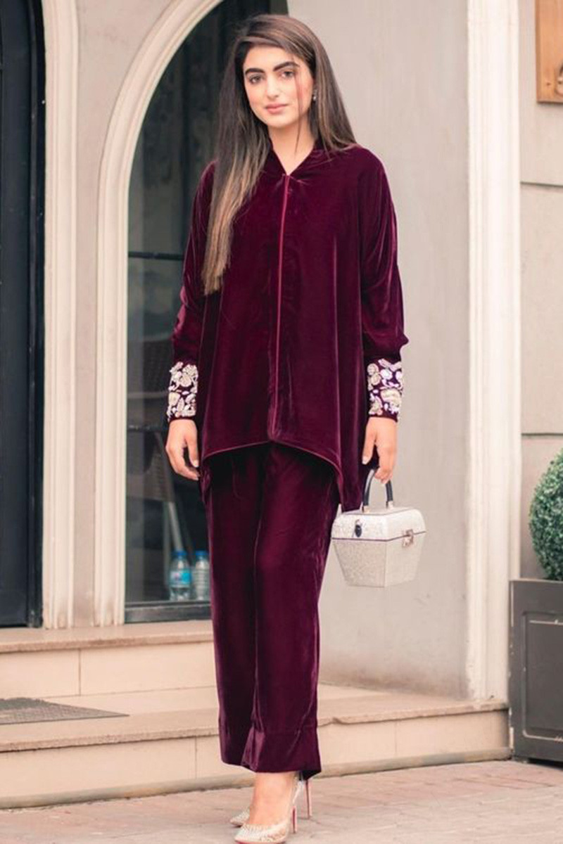 Sahar Noon styles the velvet pants from the Vintage Peacocks Bridal with a  one sleeved white…” | Velvet dress designs, Velvet clothes, Simple dresses