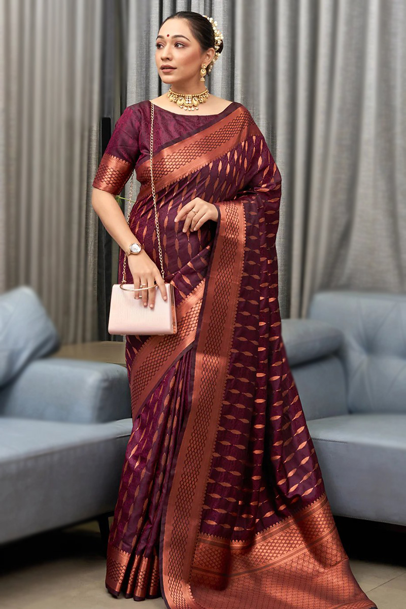 Wine Maroon weaved Soft Silk Traditional Saree 