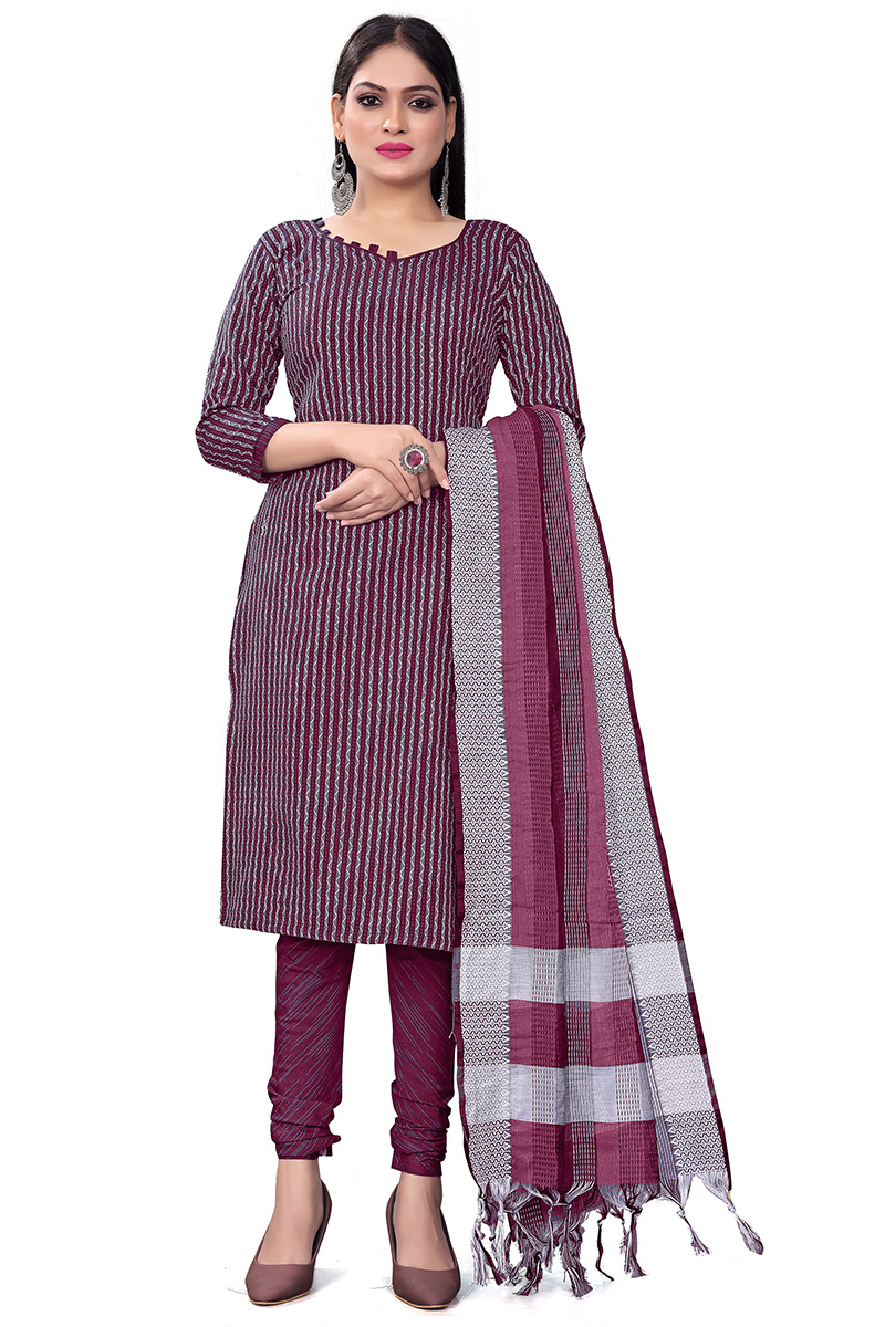 Wine Maroon Weaved Thread Cotton Straight Cut Churidar Suit 