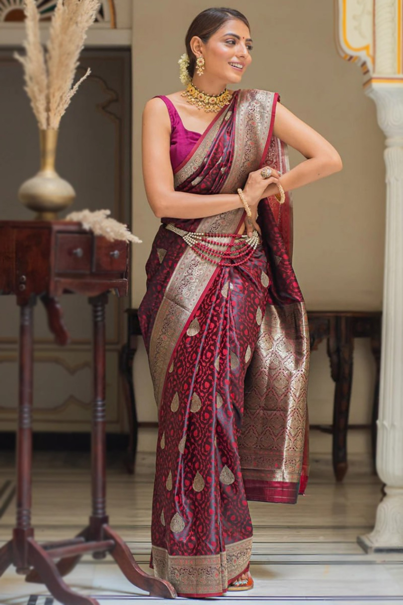 Wine Maroon Weaved With Thread And Zari Silk Handloom Saree