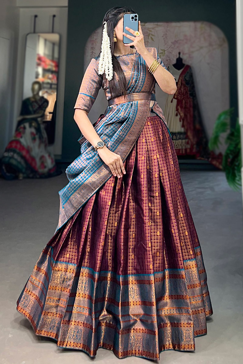 Wine Maroon Weaved Zari Silk South Indian Style Lehenga LLCV118502