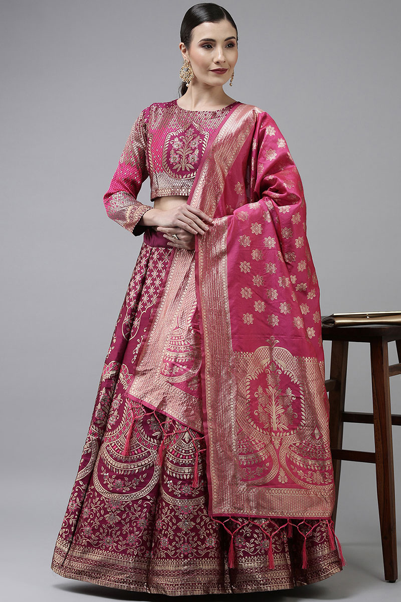 Wine Maroon Woven Zari Lehenga in Banarasi Silk