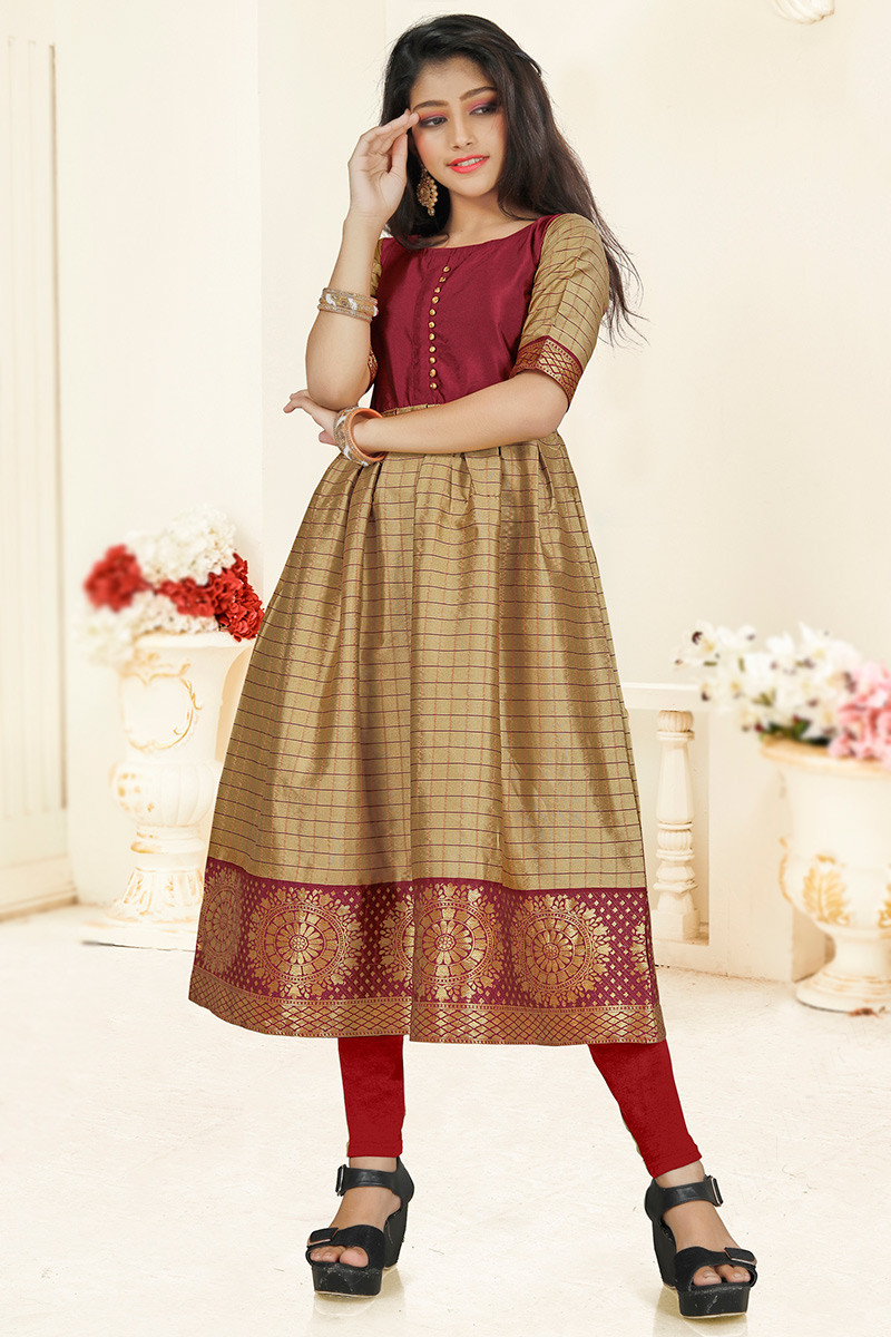 Andaaz Fashion Woven Art Silk Dark Beige Kurti