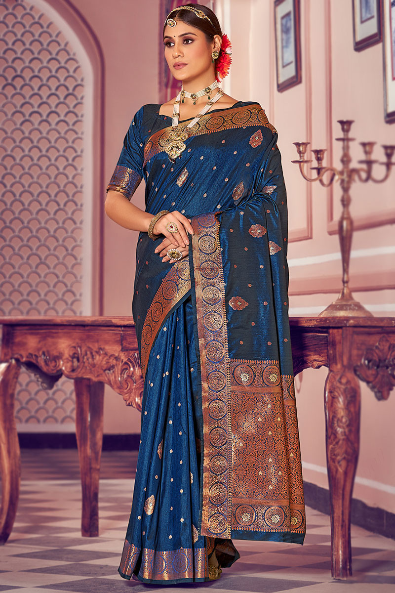 Designer Banarasi Silk Saree Blue Colour.