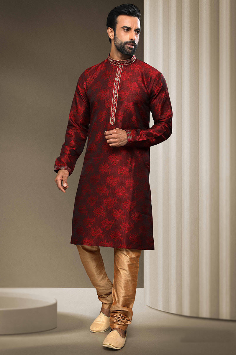 Latest Fashion Deep Red Men Kurta Churidar with Woven Work MKPA02402