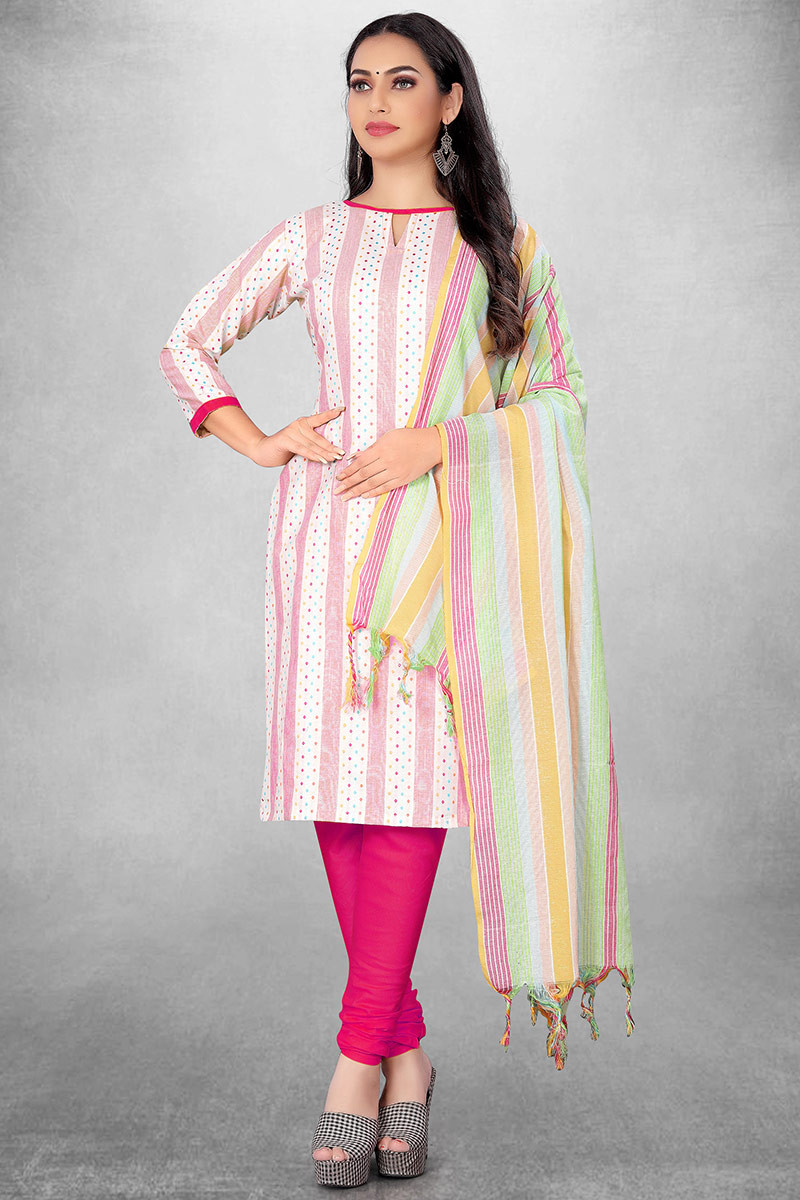 Woven Cotton Light Pink And White Churidar Suit