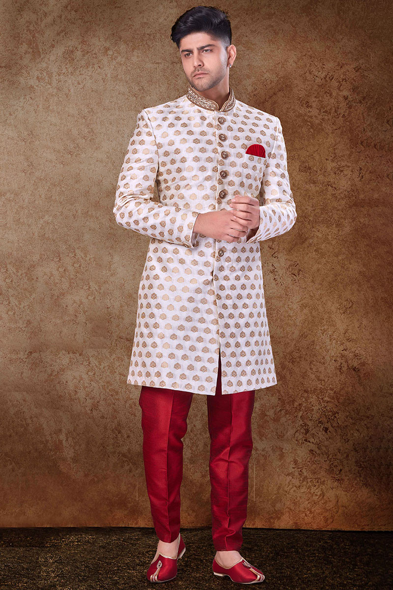 Men Sherwani in Off White Embroidered Fabric MSTV02623