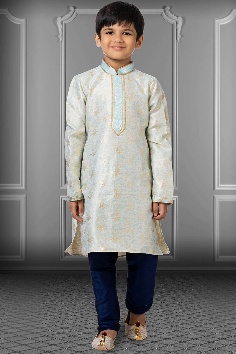Woven Embroidered Satin Mint Blue Kids Kurta Pajama