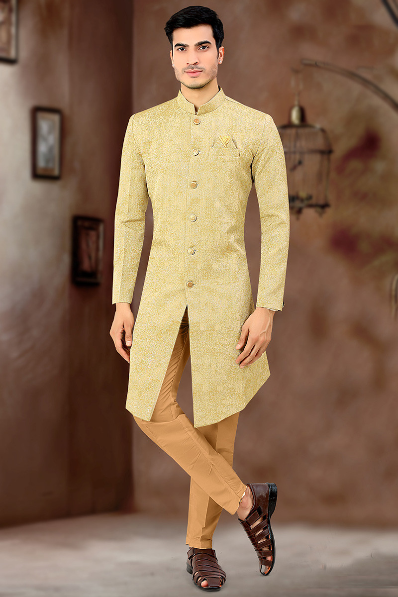 Majestic Light Mehndi Green and Gold Imported Sherwani with Trouser Style  Bottom