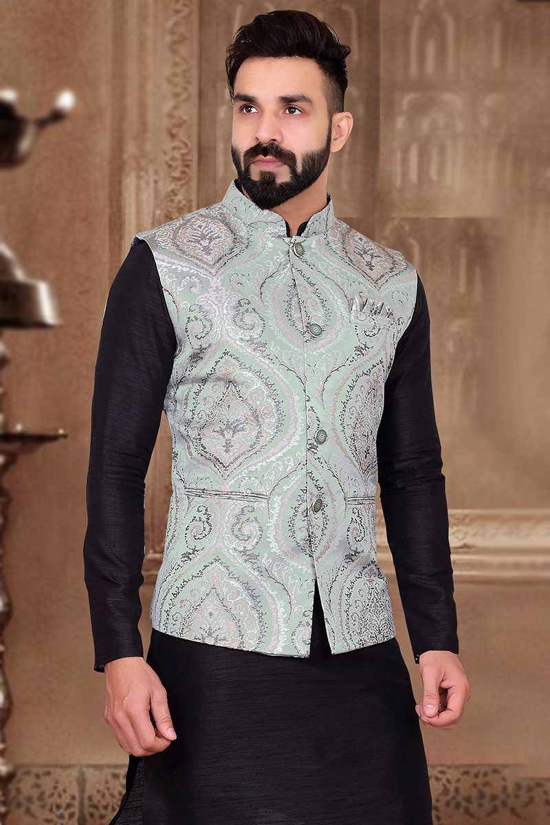 Pastel Mint Blue Men s Waist Coat with Woven Work MWCV0132