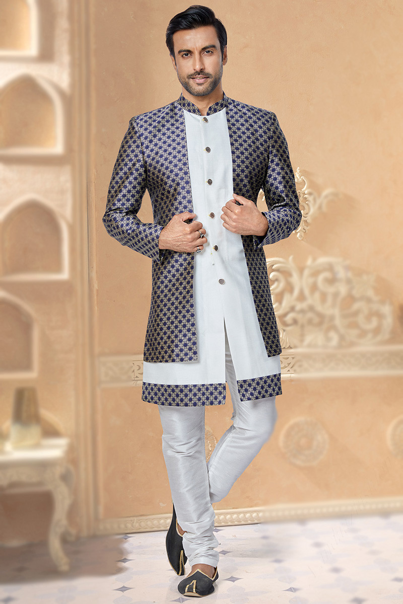 White Jacquard Traditional Men Sherwani with Weaved Thread Work