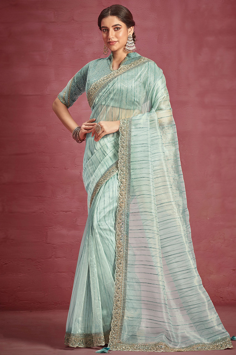 Sightly Chikankari Light Blue Organza Silk Saree – Organza Mall