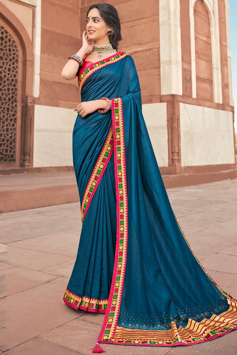 Peacock Blue Designer Embroidered Silk Party Wear Saree | Blue silk saree,  Embellished blouse, Party wear sarees