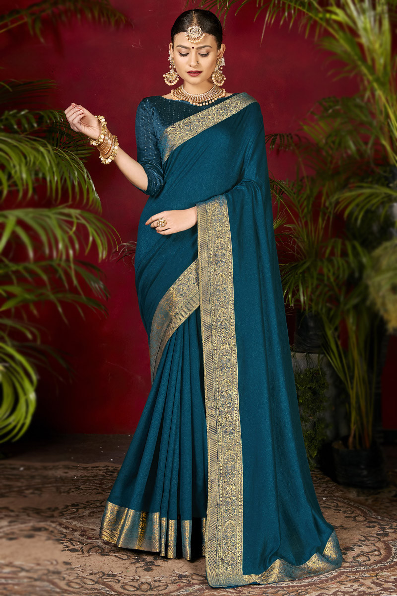 Peacock Blue Color Soft Contrast Khaddi Georgette Saree (She Saree 2313)