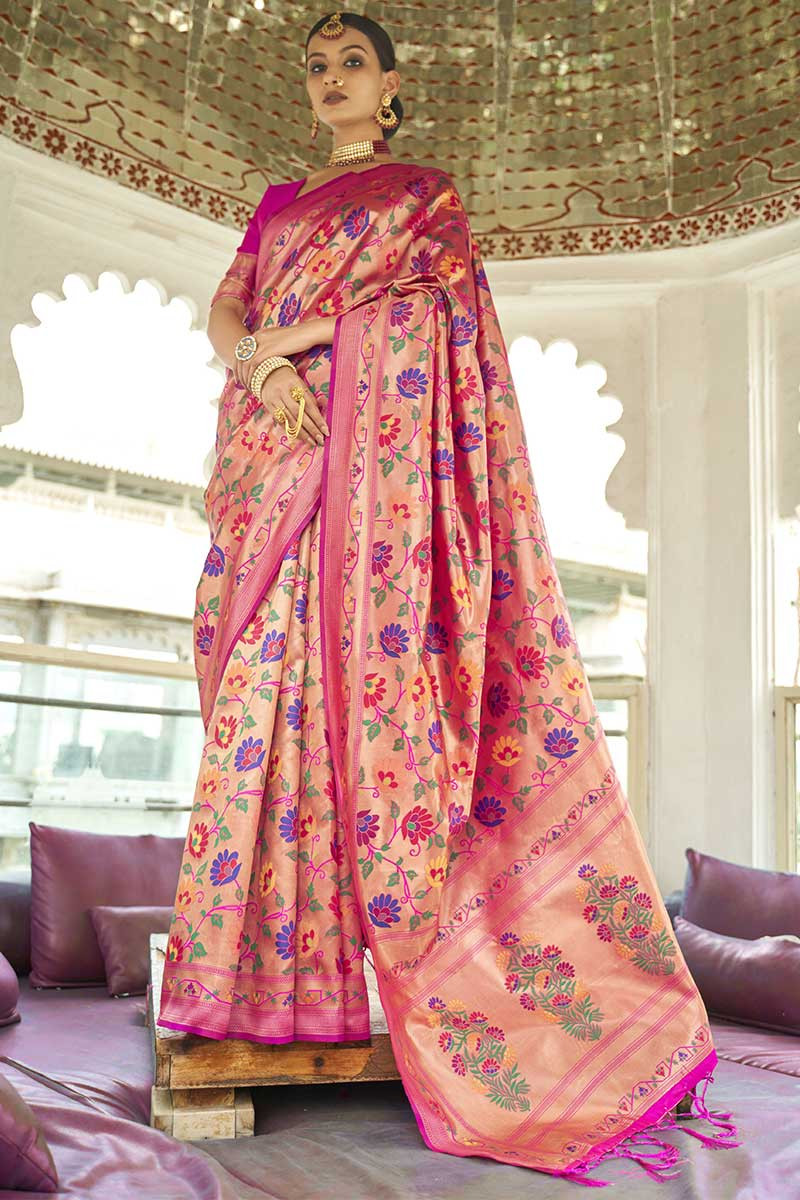 Find Great Deals Woven Silk Pink Paithani Saree SARV118539
