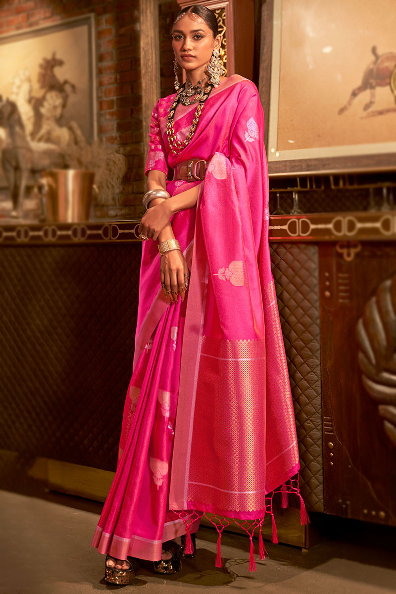 Buy Tani Bana Designer Banarasi Uppada Silk Saree Ruby Pink (Rani) Colour  With Blouse For Women NA22F at Amazon.in