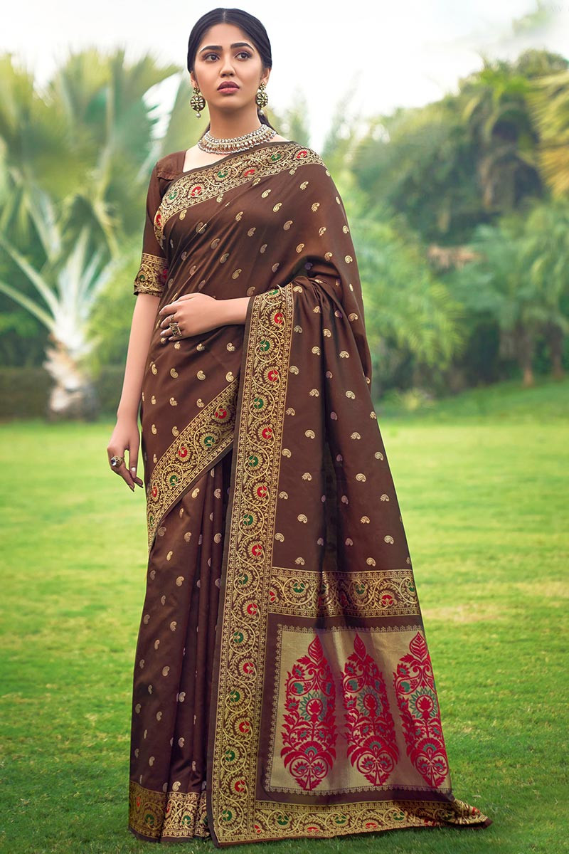 Coffee Brown Embroidered Saree Set Design by Seema Gujral at Pernia's Pop  Up Shop 2024