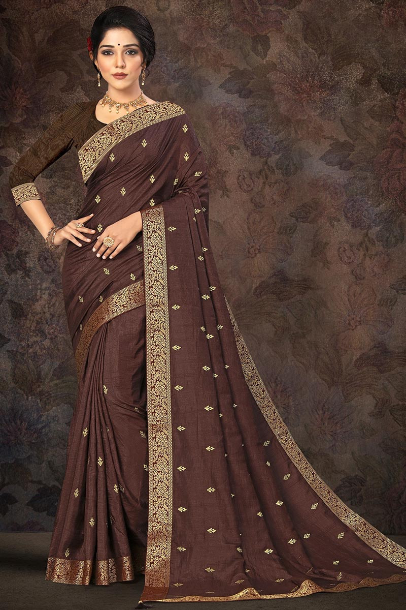 Rust Raw Silk Saree With Blouse 245359