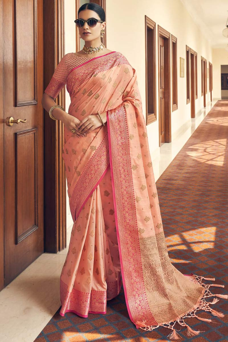 Peach Saree in Linen Silver Zari for women - Clothsvilla