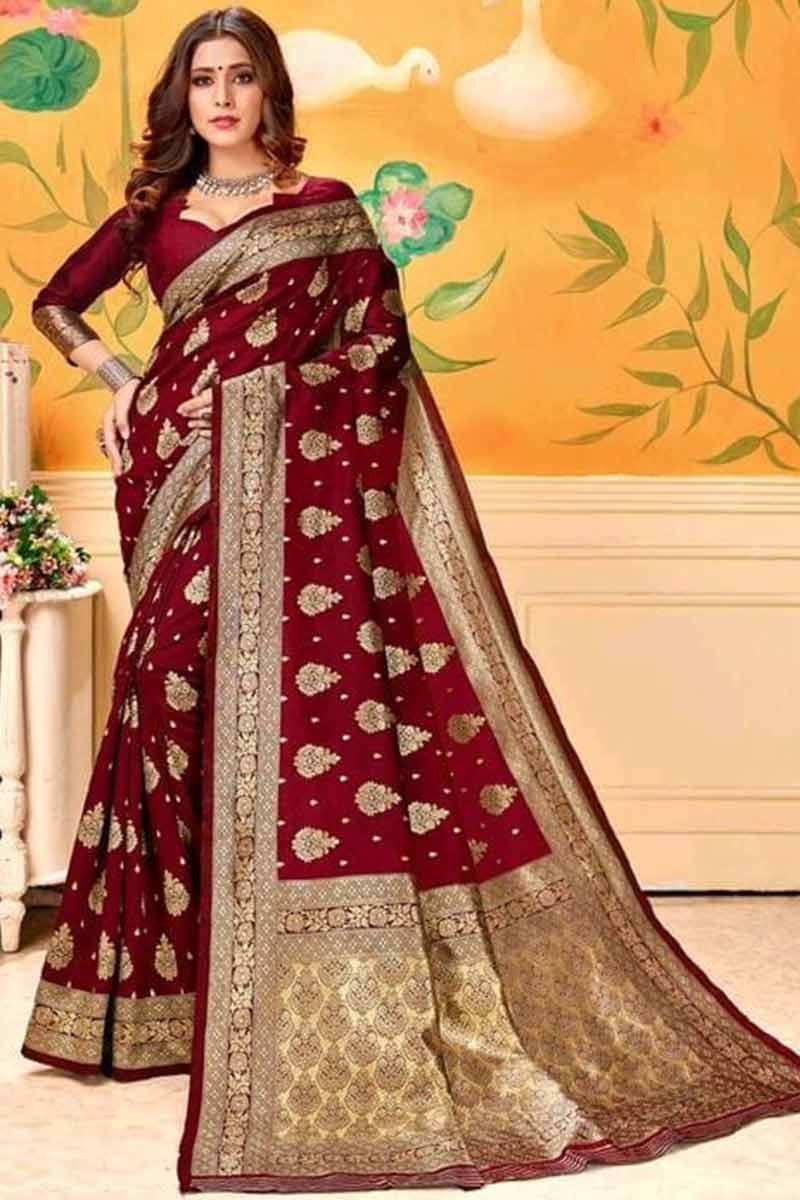 Dark Maroon Kanchipuram Silk Saree with Silver Border