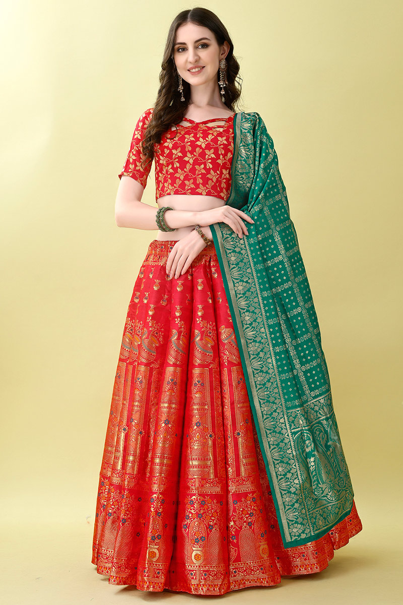 Woven Zari Art Silk Red Art Silk Panelled Style Lehenga