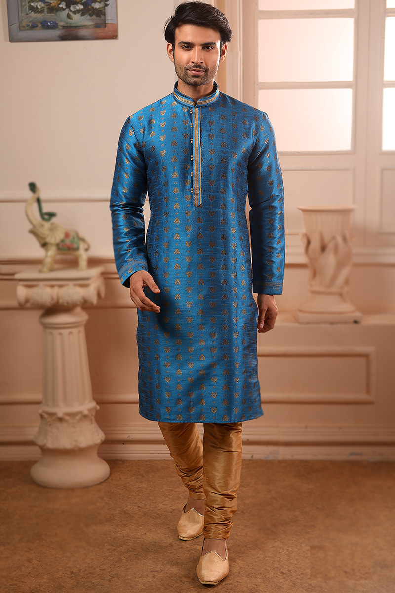 Woven Zari Art Silk Sea Blue Straight Cut Men s Kurta Churidar