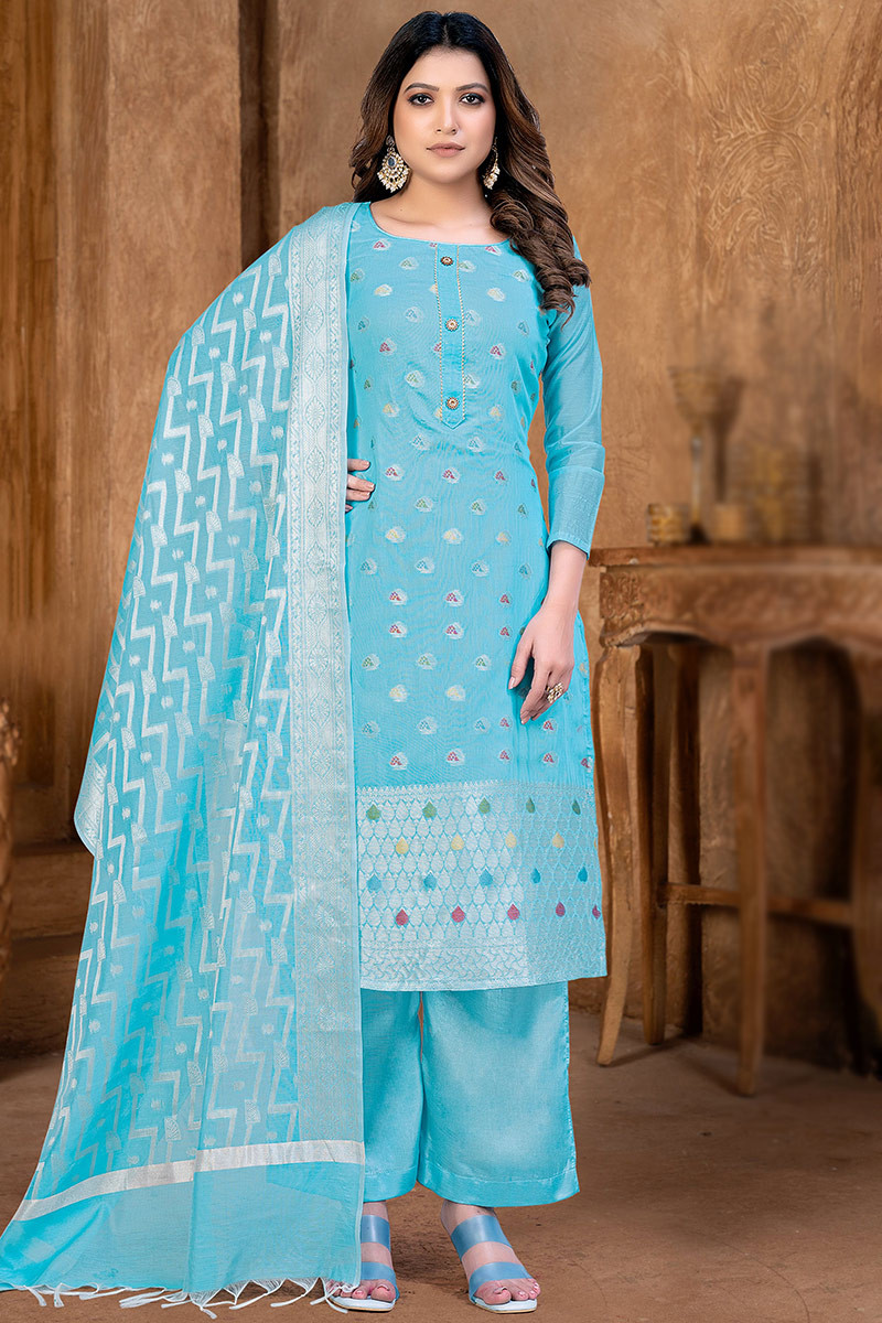 Clothes Shops Online Woven Zari Art Silk Sky Blue Palazzo Suit LSTV120556