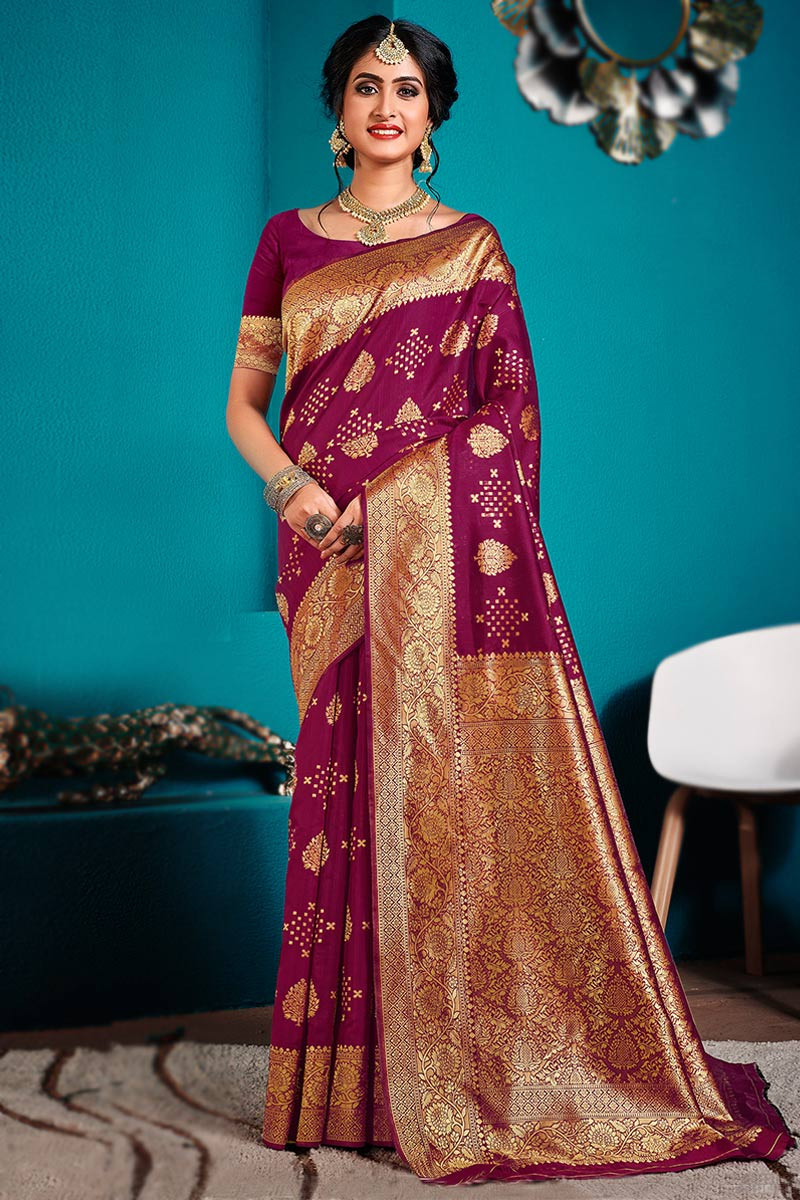 Woven Zari Art Silk Wine Maroon Indian Wedding Saree