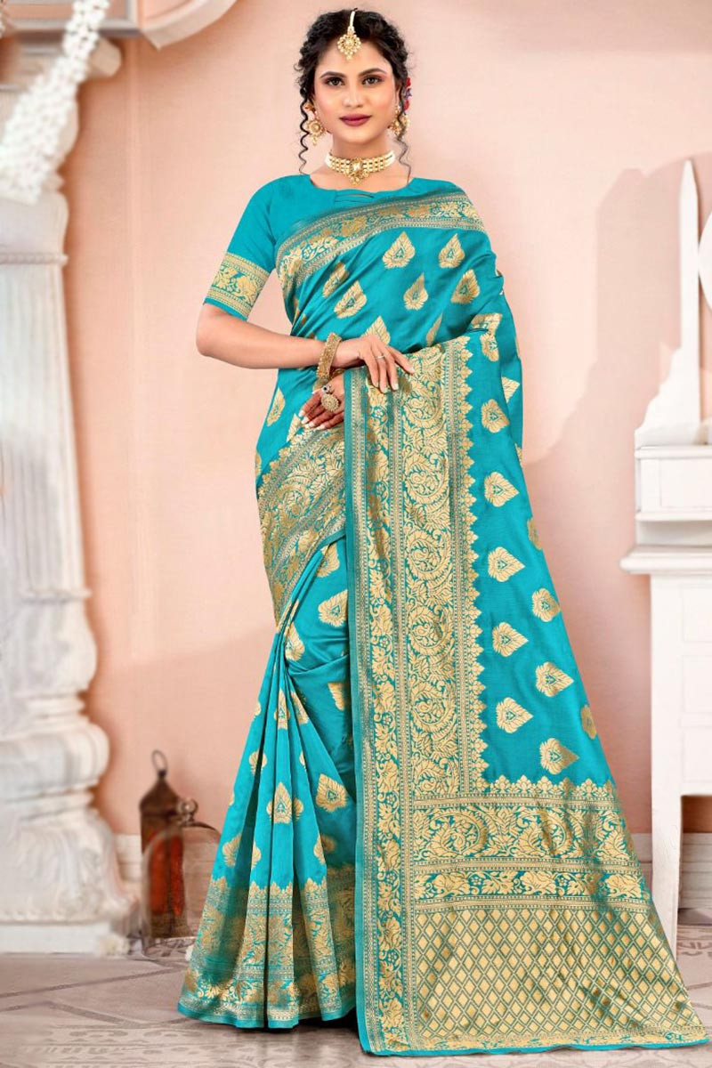 Woven Zari Banarasi Silk Aqua Blue Saree SARV130446
