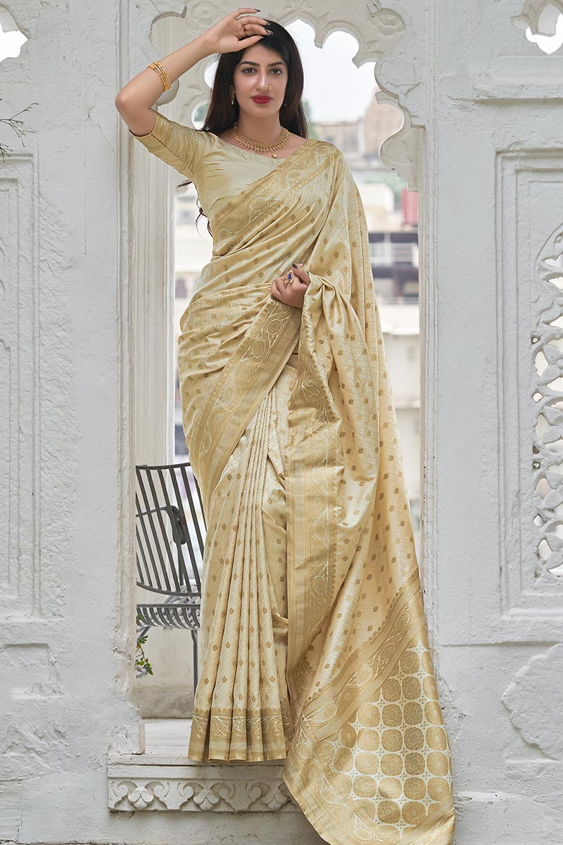 Shop Cream and Golden Border Kanchipuram Silk Saree Online in USA – Pure  Elegance