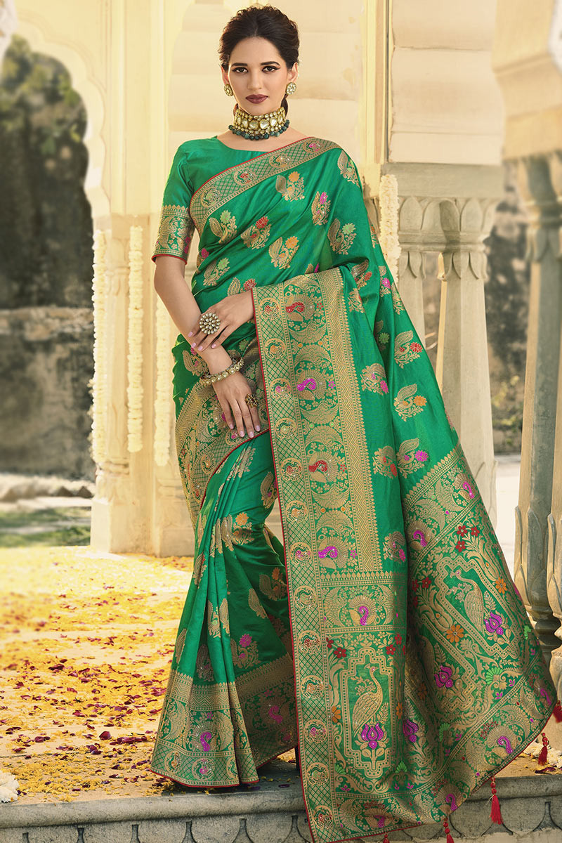 Buy Banarasi Silk Works Green Woven Saree With Unstitched Blouse for Women  Online @ Tata CLiQ