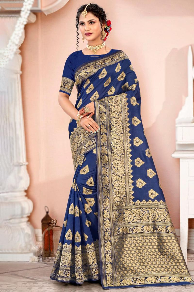 Navy blue Party Wear Saree in Embroidered Silk - SR19003