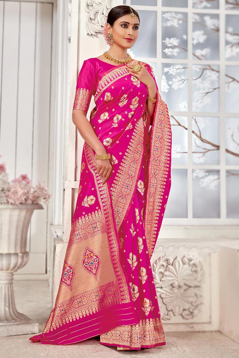 Pink Coloured Banarasi Soft Silk Saree with Beautiful Zari work!! – Royskart