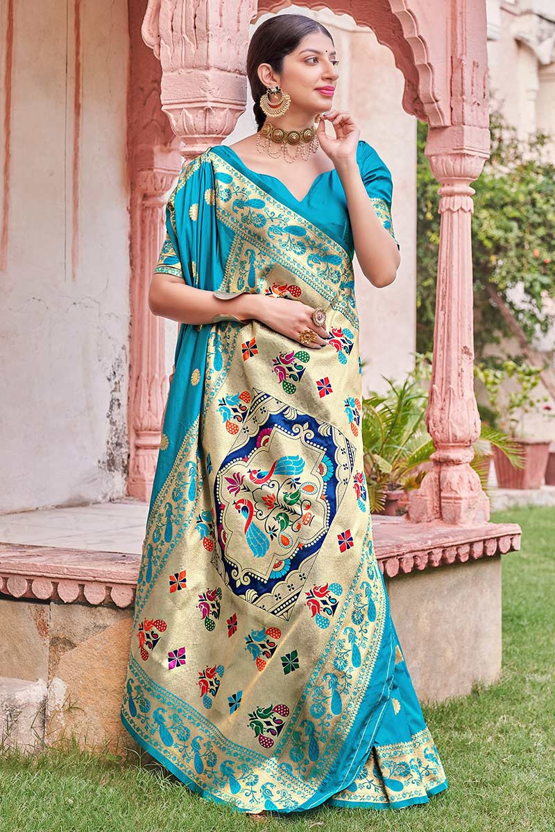 Wedding Boutique Woven Zari Banarasi Silk Sky Blue Saree SARV121108