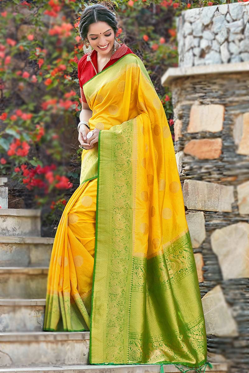 Indian Designer Saree and Yellow and Maroon Colour Saree Beautiful Weaving  Silk Saree Weeding Wear and Partywear Saree Bridal Saree - Etsy | Yellow  saree silk, Saree designs, Yellow saree