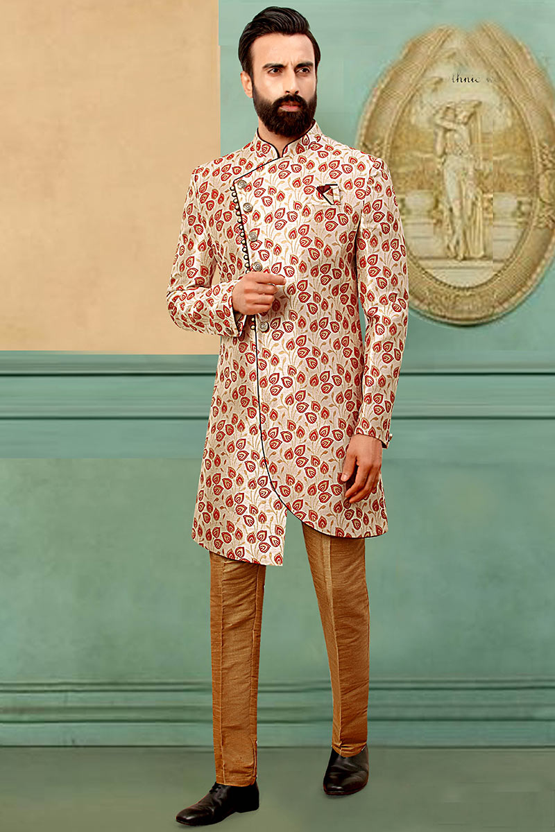 Woven Zari Brocade Dusty Beige Men's Sherwani