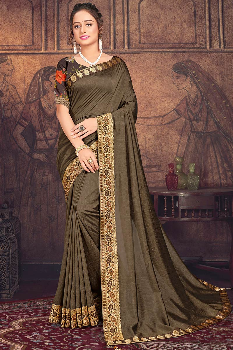 Plain Bangalori Silk Olive Brown Saree