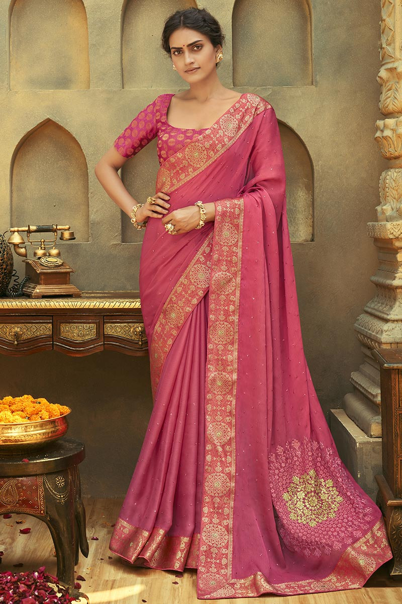 Saree in Punch Pink Georgette for Party Wear with Zari embroidery